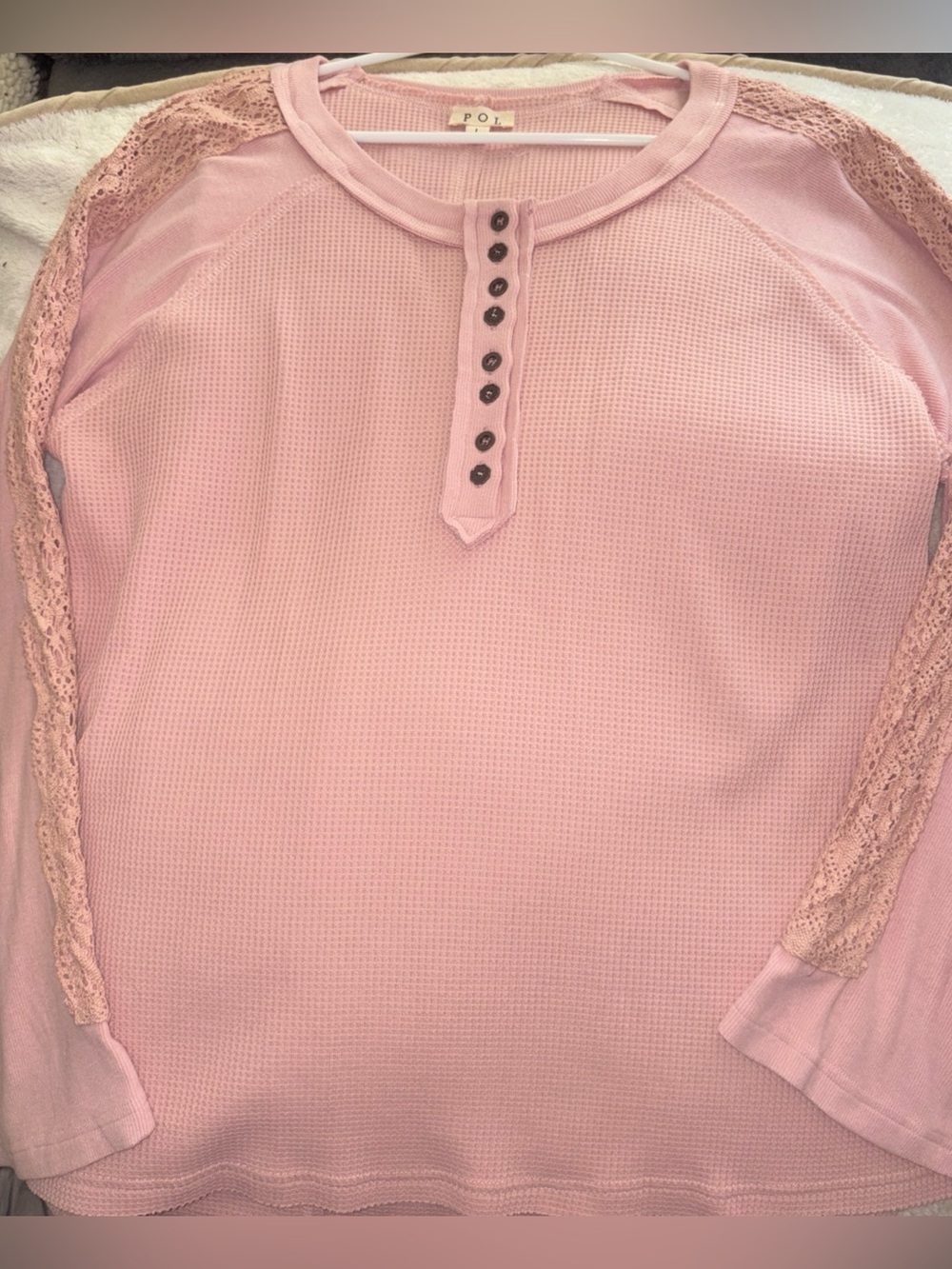 POL Long Sleeve Casual Thermal Knit Top Pink Embroidered Wide Sleeves Size L